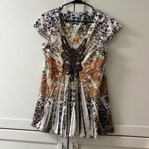 Unity World Wear Women Large Mixed Print Embellished V-Neck Top Brown Orange Y2K